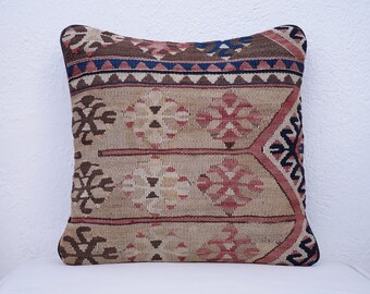 Wool pillowcase, Kilim knot pillow, 14x14 pillowcover, Unique throw pillow, Kilim neck pillow, Window seat cushion, Turkish bench pillow