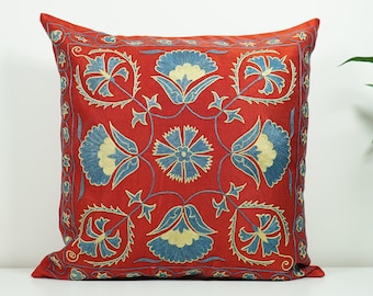 Silk Handmade Suzani Pillowcase, 20x20 Pillowcover, Needlepoint Pillow, Window Seat Cushion, Minimalist Embroidery Suzani, Boho Throw Pillow