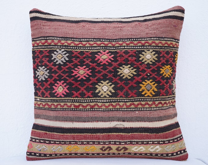 Wool pillowcase, Kilim knot pillow, 14x14 pillowcover, Unique throw pillow, Kilim neck pillow, Window seat cushion, Turkish bench pillow