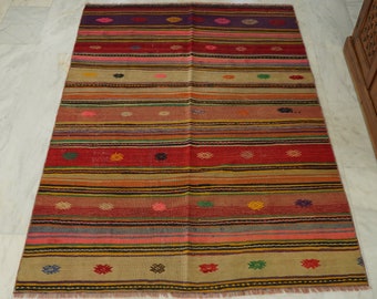 Striped turkish motif colorful rug, Washable medium size checkered rug, Ethnic anatolian accent rug, Handwoven vintage rug for livingroom