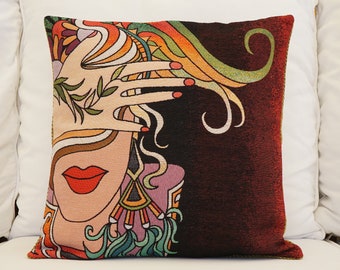 Cotton Painted Pillow Cover, Printed Human Motif Pillowcase, Cotton Linen Print Pillowcase