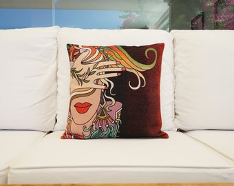 Cotton Linen Pillow Cover: Painted Human Portrait, Beige Back - 16x16 inch
