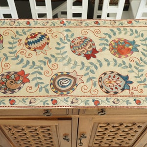 Pomegranate motif table runner, Handmade silk wall decor over the bed, Antique quilted woven throw tapestry, Vintage embroidery wall hanging