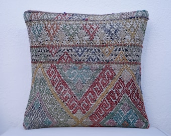 Wool pillowcase, Kilim knot pillow, 14x14 pillowcover, Unique throw pillow, Kilim neck pillow, Window seat cushion, Turkish bench pillow