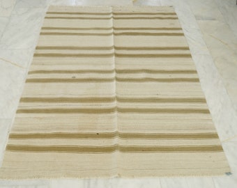 Beige striped handwoven area rug, Vintage Turkish accent rug, Pastel color accent carpet, Handmade muted rug, Anatolian rug for livingroom