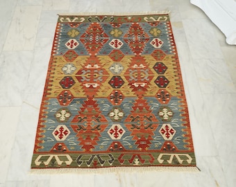 Turkish Wool Handmade Kilim, Embroidery Oriental Kilim Rug, Bohemian Flatview Decorative Rug, Authentic Area Oushak Kilim Rug, Vintage Rug