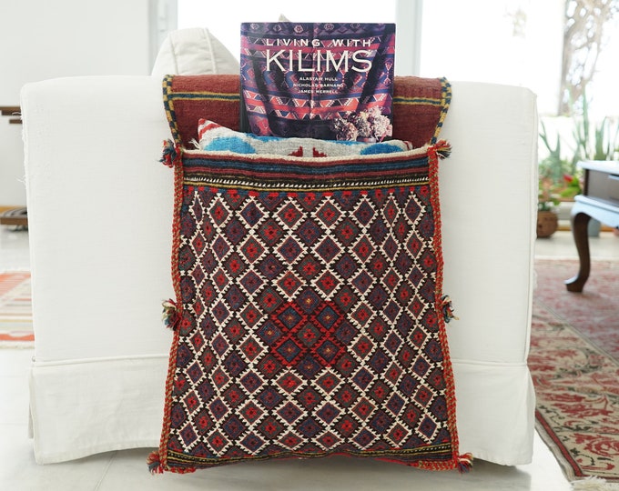 Anatolia Wool Handmade Rug Saddlebag, Embroidery kilim bag, Turkish bohemian saddlebag, Tribal embroidery technique, kilim wool antique bag