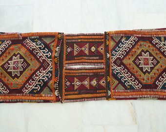 Anatolia Wool Handmade Rug Saddlebag, Embroidery kilim bag, Turkish bohemian saddlebag, Tribal embroidery technique, kilim wool antique bag