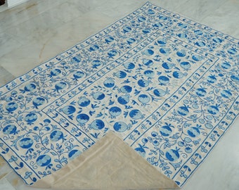 Uzbek Cotton Handmade Suzani Bedspread, Embroidery Large Suzani Bed Cover, Suzani Linen, Authentic Vintage Suzani Blanket, Blue Boho Throw