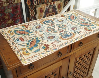 Rectangle geometric suzani table runner, Handmade boho cover for coffee table, Silk fabric table cloth, Chiffonier cover, Embroidery craft