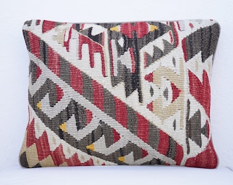 Turkish Wool Handmade Kilim Pillow Cover, Square Wool Pillow Cover, Anatolia Motif Wool Pillow Case, Small Pillow Cover, Gift Pillow Cases