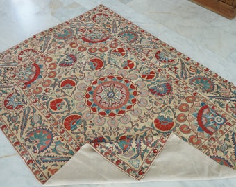 Aesthetic silk suzani full size bedspread,  Embroidery vintage duvet, Handmade wall hanging, Geometric design wall decor, Eclectic bedding