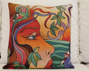 Cotton Painted Pillow Cover, Printed Woman Pillowcase, Cotton Linen Print Pillowcase