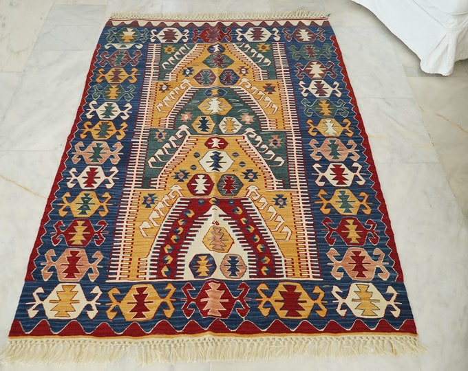Turkish Wool Handmade Kilim, Embroidery Oriental Kilim Rug, Bohemian Flatview Decorative Rug, Authentic Area Oushak Kilim Rug, Vintage Rug