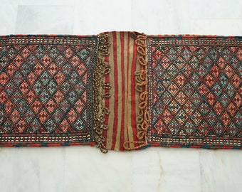 Anatolia Wool Handmade Rug Saddlebag, Embroidery kilim bag, Turkish bohemian saddlebag, Tribal embroidery technique, kilim wool antique bag