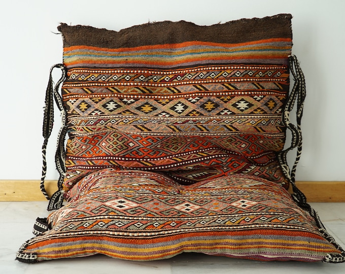 Anatolia Wool Handmade Rug Sack, Antique embroidery kilim, Vintage kilim pillow, Big Kilim Pouf, Bohemian Turkish tribal kilim