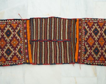 Anatolia Wool Handmade Rug Saddlebag, Embroidery kilim bag, Turkish bohemian saddlebag, Tribal embroidery technique, kilim wool antique bag