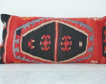 Turkish Wool Handmade Kilim Pillow Cover, Rectangle Wool Pillow Cover, Anatolia Motif Wool Pillow Case, Small Pillow Cover, Gift Pillow Case