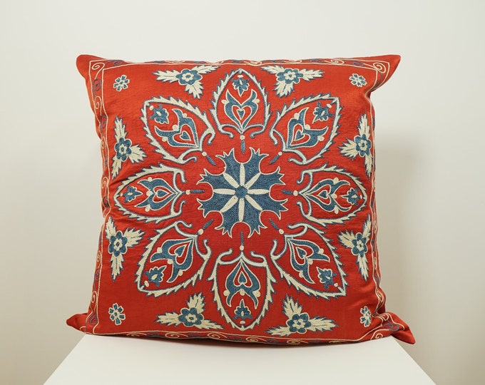 Handmade red pillowcase with zipper, Silk Suzani cushion cover for chair, Eclectic square pillow slip, Antique needlepoint pillow for bench