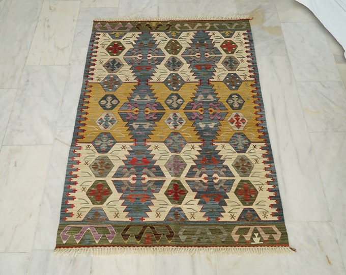 Turkish Wool Handmade Kilim, Embroidery Oriental Kilim Rug, Bohemian Flatview Decorative Rug, Authentic Area Oushak Kilim Rug, Vintage Rug