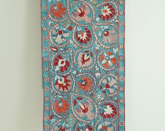 Long table runner, Vintage embroidery wall hanging, Handmade silk wall decor over the bed, Blue quilted woven tapestry, Suzani gift