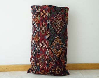 Anatolia Wool Handmade Rug Sack, Antique embroidery kilim, Vintage kilim pillow, Big Kilim Pouf, Bohemian Turkish tribal kilim