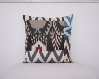 Silk Handmade Ikat Pillow Cover, Modern Cushion Cover, Geometric Pillow Case, Colorful Silk Vintage Art Pillow, Bohemian Fabric Pillow