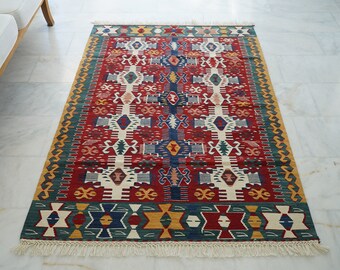 Turkish Wool Handmade Kilim, Embroidery Oriental Kilim Rug, Bohemian Flatview Decorative Rug, Authentic Area Oushak Kilim Rug, Vintage Rug