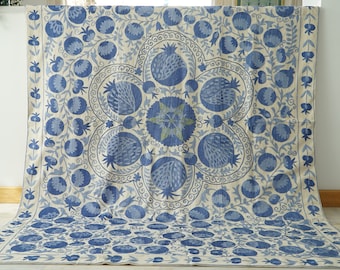 Aesthetic cover for full size bed, Vintage oriental suzani cotton duvet, Authentic handmade wall decor, Floral motif embroidery blue quilt