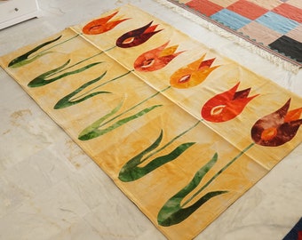 Turkish woven carpet, Checkered area rug, Flower cute rug, Patchwork quilt, Table cloth, Abstract rug, Rug wall hanging, Bedroom decoration