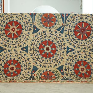 Geometric motif suzani bedspread, Silk duvet cover queen, Woven throw embroidered blanket, Vintage tapestry, Antique quilted wall hanging