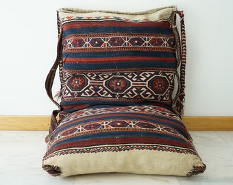 Anatolia Wool Handmade Rug Sack, Antique embroidery kilim, Vintage kilim pillow, Big Kilim Pouf, Bohemian Turkish tribal kilim