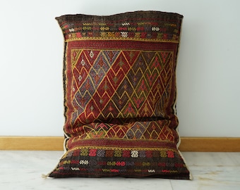 Anatolia Wool Handmade Rug Sack, Antique embroidery kilim, Vintage kilim pillow, Big Kilim Pouf, Bohemian Turkish tribal kilim