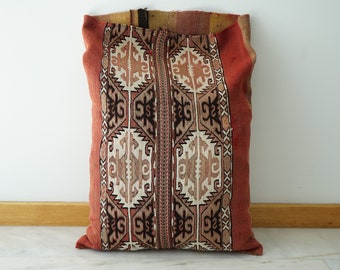Anatolia Wool Handmade Rug Sack, Antique embroidery kilim, Vintage kilim pillow, Big Kilim Pouf, Bohemian Turkish tribal kilim