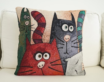 Cotton Painted Pillow Cover, Printed Animal Pillowcase, Cotton Linen Print Pillowcase, Cat Motif Cushion Cover, Chat Design Pillow Cover