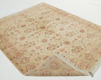 Beige Boho Rug, Oriental Vintage Turkish Rug, Large Natural Oushak Carpet, Living Room Rug, Wool Anatolian Oushak Carpet, Decorative Big Rug