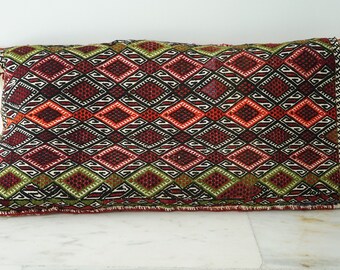 Anatolia Wool Handmade Rug Sack, Antique embroidery kilim, Vintage kilim pillow, Big Kilim Pouf, Bohemian Turkish tribal kilim