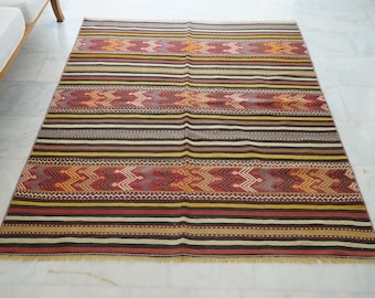 Turkish Wool Handmade Kilim, Embroidery Oriental Kilim Rug, Bohemian Flatview Decorative Rug, Authentic Area Oushak Kilim Rug, Vintage Rug