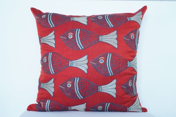 2 Federe Per Cuscino Decorative In Cotone Con Ricamo - 45x45 Cm, Cerniera Invisibile, Tema Pesce Rosso, Per Divano, Letto, Soggiorno