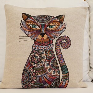 Cotton Painted Pillow Cover, Printed Animal Pillowcase, Cotton Linen Print Pillowcase, Cat Motif Cushion Cover