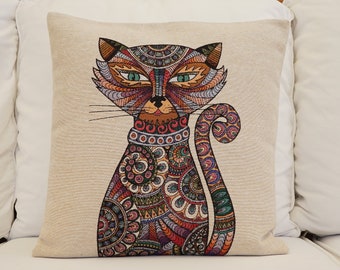 Cotton Painted Pillow Cover, Printed Animal Pillowcase, Cotton Linen Print Pillowcase, Cat Motif Cushion Cover