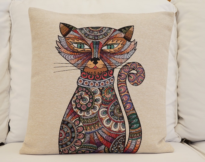 Cotton Painted Pillow Cover, Printed Animal Pillowcase, Cotton Linen Print Pillowcase, Cat Motif Cushion Cover