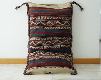 Anatolia Wool Handmade Rug Sack, Antique embroidery kilim, Vintage kilim pillow, Big Kilim Pouf, Bohemian Turkish tribal kilim