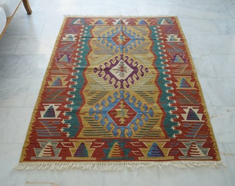Turkish Wool Handmade Kilim, Embroidery Oriental Kilim Rug, Bohemian Flatview Decorative Rug, Authentic Area Oushak Kilim Rug, Vintage Rug