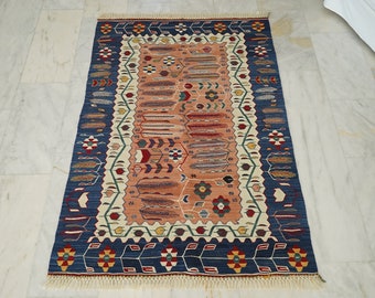 Turkish Wool Handmade Kilim, Embroidery Oriental Kilim Rug, Bohemian Flatview Decorative Rug, Authentic Area Oushak Kilim Rug, Vintage Rug