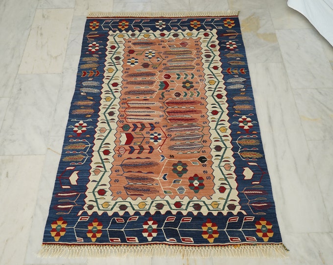 Featured listing image: Turkish Wool Handmade Kilim, Embroidery Oriental Kilim Rug, Bohemian Flatview Decorative Rug, Authentic Area Oushak Kilim Rug, Vintage Rug