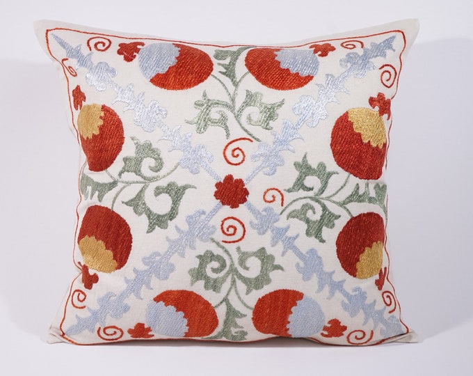 Cotton Handmade Suzani Pillowcase, 16x16 Pillowcover, Needlepoint Pillow, Window Seat Cushion, Minimalist Embroidery Boho Throw Pillow