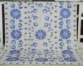 Blue vintage cover for full size bed, Cotton suzani bedspread, Pomegranate motif boho throw, Authentic floral wall hanging, Unique tapestry