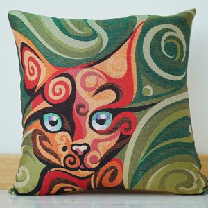 Cotton Painted Pillow Cover, Printed Animal Pillowcase, Cotton Linen Print Pillowcase, Cat Motif Cushion Cover, Chat Design Pillow Cover
