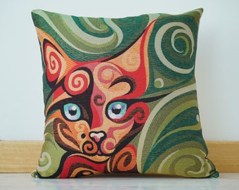 Cotton Painted Pillow Cover, Printed Animal Pillowcase, Cotton Linen Print Pillowcase, Cat Motif Cushion Cover, Chat Design Pillow Cover